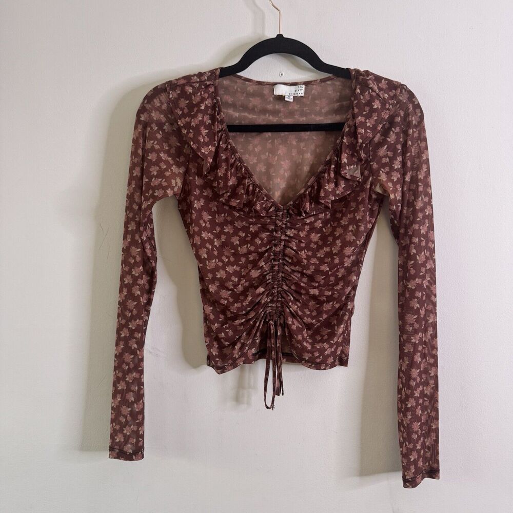 Y2K Sheer Floral Mesh Crop Top Ruched Ruffle V Neck Long Sleeve XS